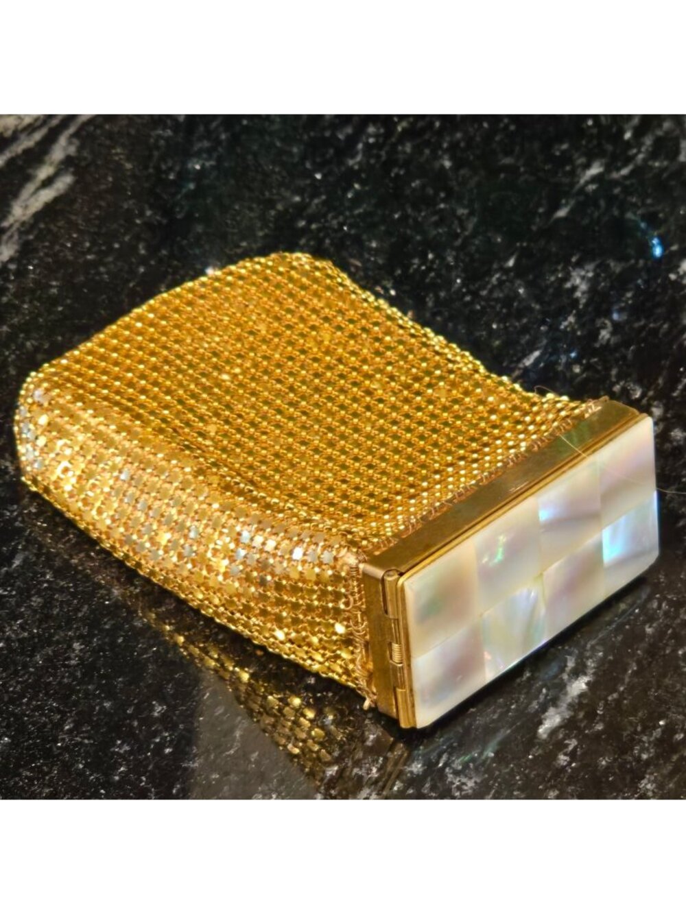 Vintage Gold Mesh Cigarette Case Mother of Pearl Tile Inlay Mid Century fashion